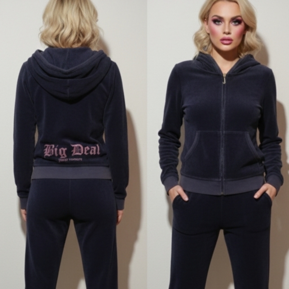 True Y2K Juicy Couture Jacket Medium Terry Cloth Big Deal Logo On Back Navy Blue